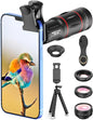APEXEL 4 in 1 Phone Photography Kit, 18X Telephoto Lens, 198° Fisheye Lens, 15X Macro Lens, 0.63X Wide Angle Lens, Set with Flexible Phone Tripod, for iPhone 13/12/11/XS Max/XR/XS/X Samsung One Plus
