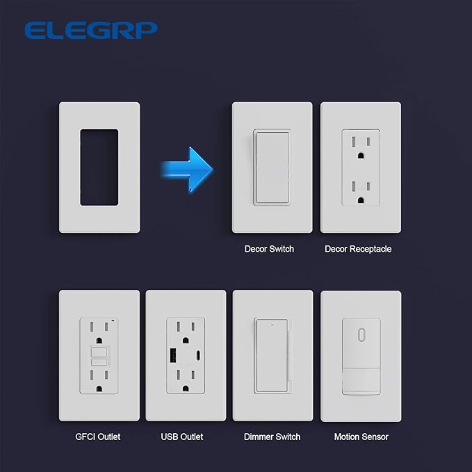 ELEGRP Matte White 1-Gang Screwless Decorative Wall Plates, Standard Size Unbreakable Thermoplastic Faceplate Cover for Decorator Receptacle Outlet Switch, UL Listed (50 Pack)