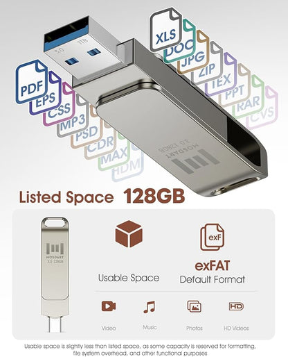 MOSDART 128GB USB3.1 Fast Speed C and A Dual Flash Drive, exFAT Memory Stick with Keychain Loop, for iPhone 15 and 16, Android Phone, iPad, MacBook, Silver