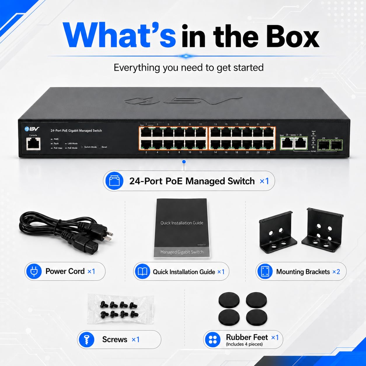BV-Tech 24-Port Gigabit PoE+ Managed Switch with 2 Ethernet & 2 SFP Uplinks | High-Performance, NDAA Compliant | POE-SW2404G-MG-PLUS