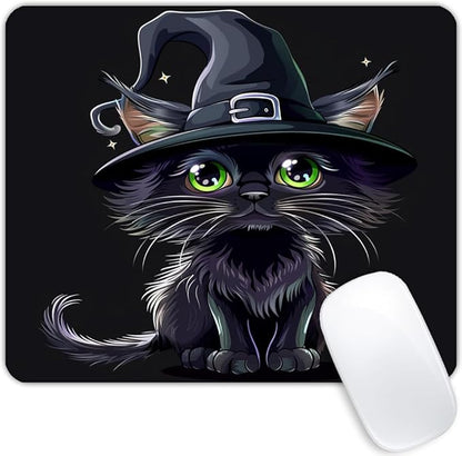 Square Mouse Pad Black Cat with Witch Hat for Halloween-1,Gaming Mouse Pads for Desk,Soft Computer Waterproof Non-Slip Mouse Mat