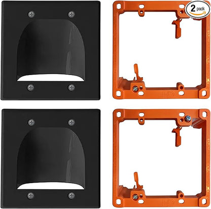 BestMounts - 2 Pack In Wall Cable Management Kit - Recessed Wall Plate Cable Black Pass Through Pair with Dual Gang Low Voltage Mounting Bracket - TV Cord Hider for Wall Mounted TV ETL Listed