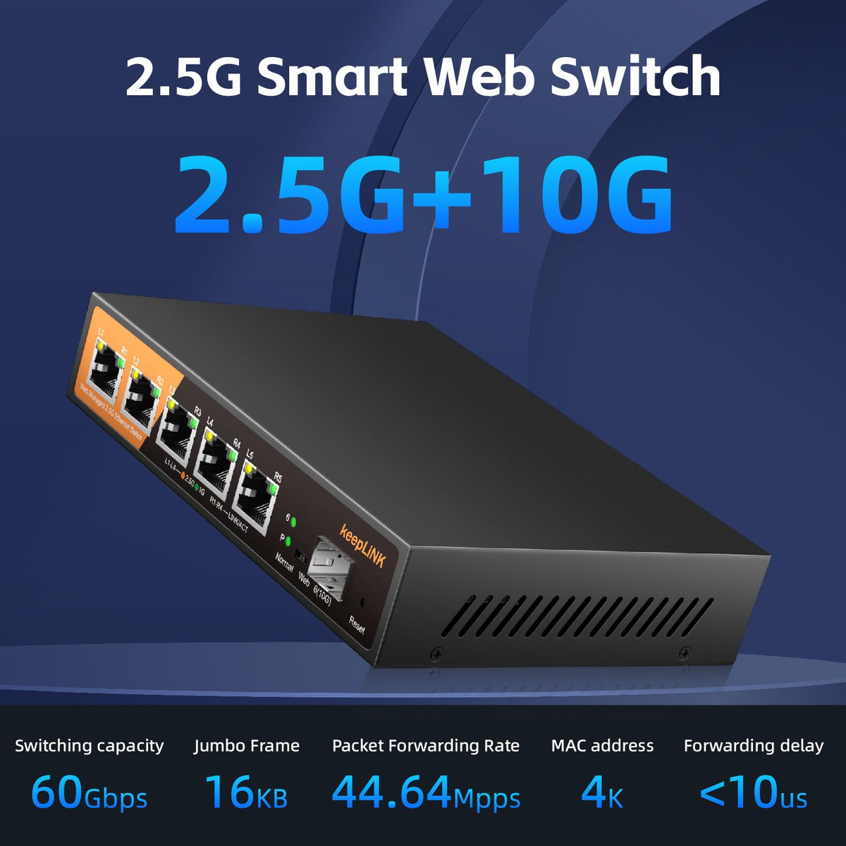 keepLiNK 6 Port 2.5G Web Smart Managed Ethernet Switch with 5 x 2.5G Base-T Ports, 1 x 10G SFP+, Static Aggregation, QoS/VLAN/IGMP, Metal Housing Fanless, Desktop/Wall-Mount