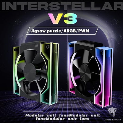 Jungle Leopard Interstellar V3 120mm PC Case Fan Infinity Mirror Module Daisy-Chain 120mm RGB PWM Fan Triple Pack Suitable for Computer Case & 360mm AIO Cooler(Black-3Pack
