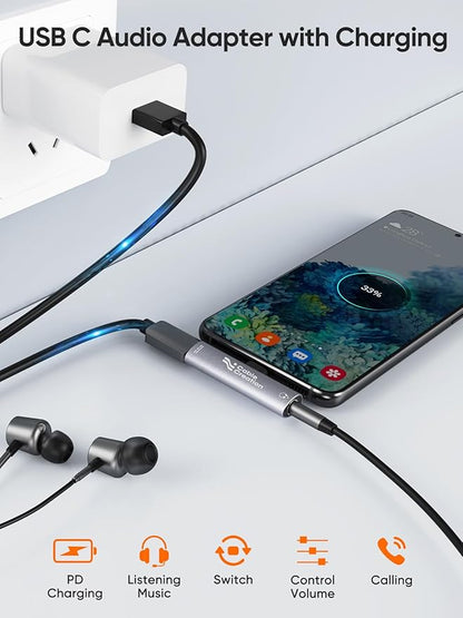 CableCreation USB C to 3.5mm Headphone and Charger Adapter, 2 in 1 Type-C to 3.5mm Audio Hi-Res with PD Fast Charge, USB C to Aux with Charging Dongle for iPhone 16 15 Pro Max, Galaxy 24+, Pixel, iPad