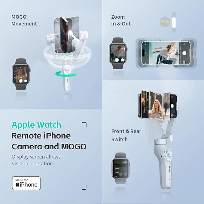 Only for iPhone, MOGO [Apple MFi Certified] Gimbal Stabilizer with Phone Clamp & RGB Light, Video Gimbal Stabilizer Allows Select Tracking Subject, Gaze-Tracking for iPhone 16 15 Pro Max