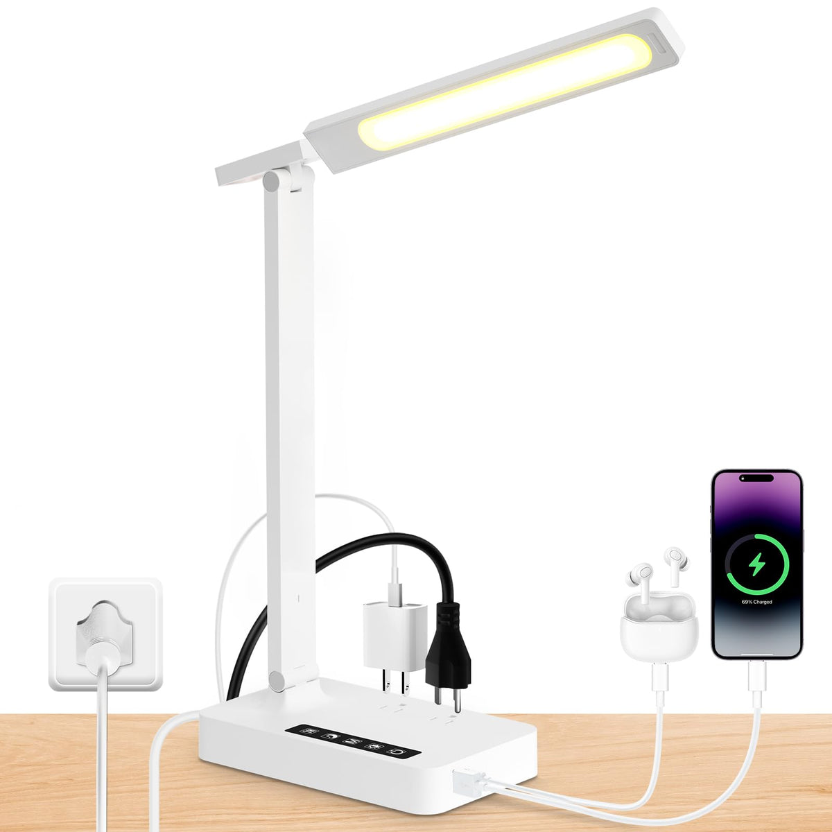 Infiway Desk Lamp with USB Charging Port: LED Desk Lamps for Home Office - 1 Type-C, 1 USB-A Charging Port, 2 AC Power Outlets - Touch Control Dimmable 5 Color 5 Brightness