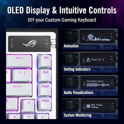 ASUS ROG Azoth 75 Wireless DIY Custom Gaming Keyboard, OLED display, Gasket-Mount, Three-Layer Dampening, Hot-Swappable Pre-lubed ROG NX Storm Switches & Keyboard Stabilizers, PBT Keycaps, RGB - White