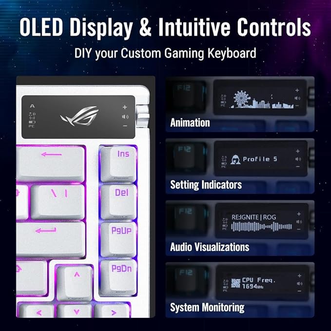ASUS ROG Azoth 75 Wireless DIY Custom Gaming Keyboard, OLED display, Gasket-Mount, Three-Layer Dampening, Hot-Swappable Pre-lubed ROG NX Brown Switches & Keyboard Stabilizers, PBT Keycaps, RGB - White