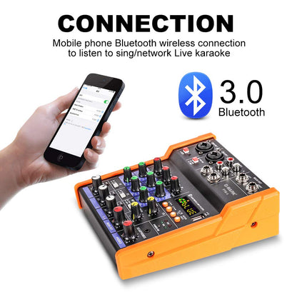G-MARK Analog Mixer Audio 4 Channel DJ Audio Mixer Bluetooth Studio Karaoke For PC Live Performance KTV Home Stage Music Effects Sound Card Protable Mixing Console