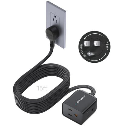 TROND 360 Rotating Flat Plug Extension Cord 15 ft for Tight Spaces, Black