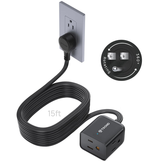 TROND 360 Rotating Flat Plug Extension Cord 15 ft for Tight Spaces, Black