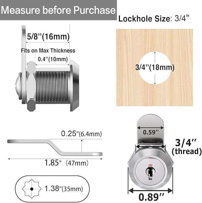 Sartatue Cabinet Cam Locks Keyed Alike, 5/8'' Fits on 3/8'' Max Door Thickness, Secure File Drawer Mailbox RV Storage Replacement Set, Zinc Alloy (5/8 Inch 6Pcs)