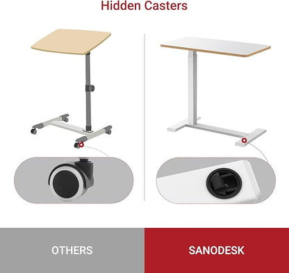 SANODESK Medical Adjustable Overbed Bedside Table with Hidden Casters, Pneumatic Mobile Laptop Computer Standing Desk Cart with Tray, Hospital and Home Use(31.5" W x 17.7" D, White)