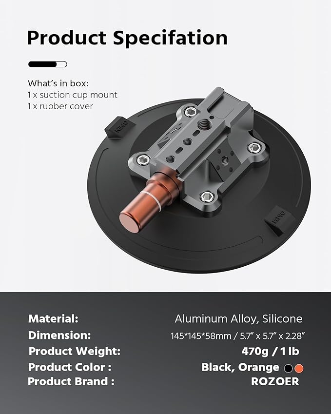 6" Suction Cup Camera Mount – Car, Windshield & Dash Cam Mount with Cold Shoe, NATO Rail, 1/4"-20 & 3/8-16 Threads (6”)