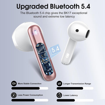 Wireless Earbuds, Bluetooth 5.4 Headphones in Ear Buds, HiFi Stereo Wireless Earphones with 4 ENC Noise Cancelling Mics, 40H Wireless Headphones with IP7 Waterproof, Dual LED Display USB C, Rose Gold