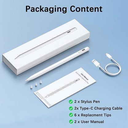 【2Pack】 Stylus Pencil for iPad 2018-2025 A16 11/10/9/8/7/6,iPad mini A17 Pro/6/5,iPad Air M3/M2 11"/13"/5/4/3,iPad Pro M4 13"/12.9"/11" USB-C Fast Charging Pencil,Pixel-Perfect Tilt Sensitivity
