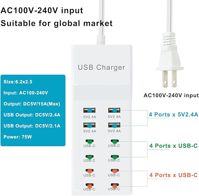 USB C Power Strip USB Charging Station 4 USB-A Ports and 8 USB-C Ports Multiple USB Charging Block with Auto-Detect Technology Compatible with Smart iPhone Tablet Laptop Multiple Devices