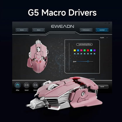 EWEADN G5 Wired Gaming Mouse, Ergonomic RGB Computer Mouse, 12800 Adjustable DPI, 9 Programmable Macro Buttons with Rapid Fire Key Compatible for PC/Laptop/Windows-Pink