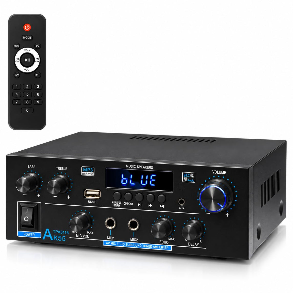 AK55 Stereo Amplifier Home Audio, Bluetooth 5.0 Max 600W Power Stereo Receivers 2.0 Channel Audio Amplifier for Speaker W/Remote Control/AUX/RCA/Echo/USB/2 MIC in for Home Party, Karaoke