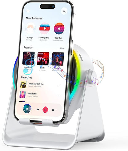 Wireless Induction Speaker, 4 in 1 Bluetooth Speaker Phone Stand with RGB Light, 360° Rotation Phone Holder Compatible with iPhone Android iPad Samsung Galaxy, Birthday Gift for Men Women