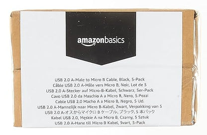 Amazon Basics 5-Pack USB-A to Micro USB Charging Cable, 480Mbps Transfer Speed with Gold-Plated Plugs, USB 2.0, 6 Foot, Black