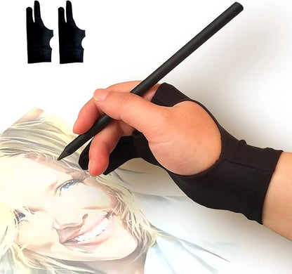 Drawing Glove, 3-Layer Palm Rejection Digital Art Glove for Graphic Tablet, Artist Gloves with Two Fingers for iPad, Paper Sketching, Smudge Guard (2 PCS, Middle)