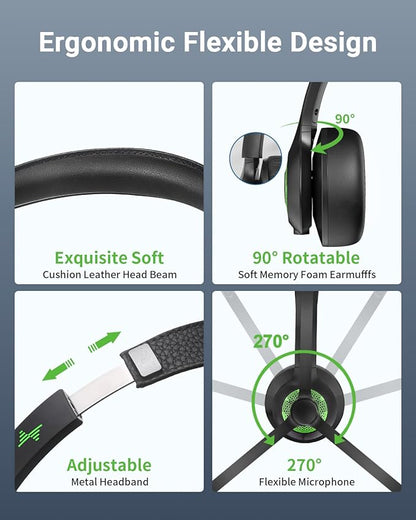 Wireless Headset with AI Noise Cancelling Microphone Bluetooth Headset - Bluetooth V5.2 Headphones with USB Dongle, Charging Base & Mic Mute for Computer/Laptop/PC/iPhone/Android/Cell Phones-Green