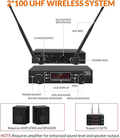 200-Channel Wireless Microphone, Wireless Lavalier Microphone Dual UHF Bodypack Cordless Lavalier Mic System Set
