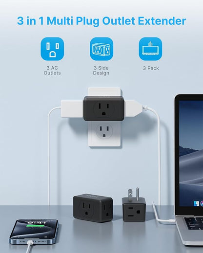 VINTAR 3 Pack Multi Plug Outlet Extender, Adapter, Splitter, Black, Type A, 125V, 15A, ETL Certified