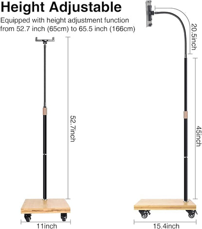 wishacc Tablet Floor Stand with Adjustable Gooseneck Mount, Swivels and Wheels for Bedside, Compatible with iPad, Galaxy Tab, Kindle and Phones