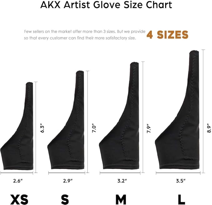 AKX Artist Glove XSmall - 2 Pack Palm Rejection Drawing Gloves for Graphic Tablet, iPad - Smudge Guard, Reduce Friction, 1-Finger, Elastic Lycra, Good for Left and Right Hand, Black | AK-01
