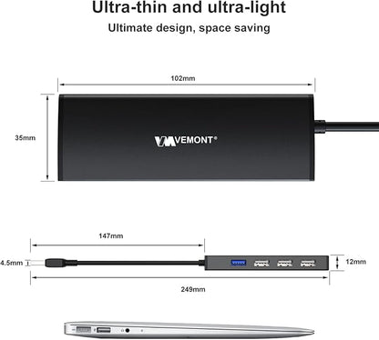 USB Hub,VEMONT 4-Port USB 3.0/2.0 HUB,Ultra Slim Portable High-Speed USB Splitter Applicable for PC Laptop, Desktop, Notebook, MacBook and More