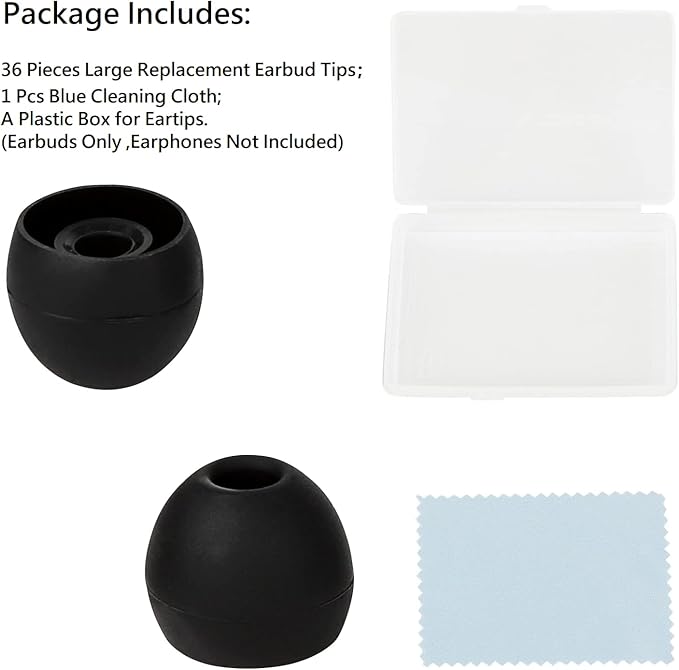 36 Pieces Large Earbud Tips Soft and Comfortable Silicone Earbud Tips Ear Bud Replacement Pieces Silicone Fit Most in-Ear Headphones，Inner Hole 3.8mm -5.5mm，Large Black Earbuds Silicone Tips