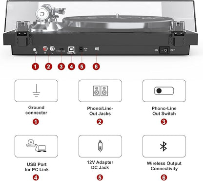 Turntables Belt-Drive Record Player with Wireless Output Connectivity, Vinyl Player Support 33&45 RPM Speed Phono Line USB Digital to PC Recording with Advanced Magnetic Cartridge&Counterweight Black