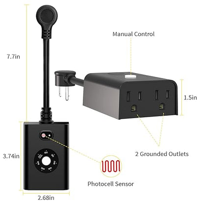 Minoston Outdoor Timer Outlet Waterproof 2 Pack, Dusk to Dawn Photocell Light Sensor Socket, 2/4/6/8 Hours Cutdown Timer, 2 Grounded Outlets for Christmas and Hallowen Deceration, Black(MP40T)