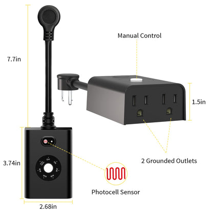 Minoston Outdoor Timer Outlet Waterproof with Remote, 2 Outlets Dusk to Dawn Plug, Light Sensor Countdown Timer 2 4 6 8 Hours 100Ft Remote Control Home Garden(MP42T)