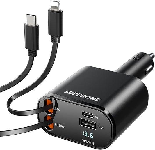 Retractable Car Charger 4 in 1 Fast Car Phone Charger Adapter with Type C & Apple Cords Compatible with iPhone 16/15/14/13/12/11, Galaxy, Pixel