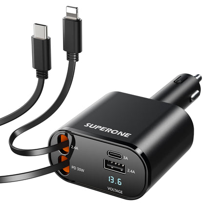 Retractable Car Charger 4 in 1 Fast Car Phone Charger Adapter with Type C & Apple Cords Compatible with iPhone 17/16/15/14/13/12/11, Galaxy, Pixel