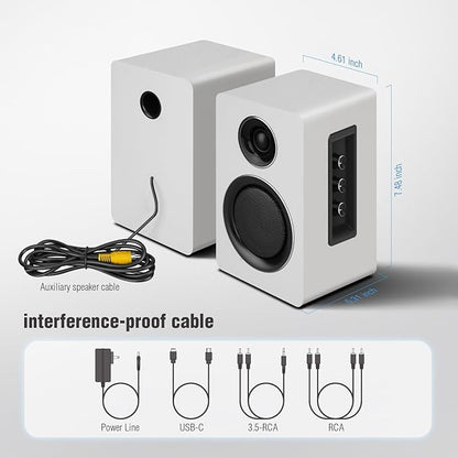 Computer Speakers for Desktop PC, Active Bookshelf Speaker with 3‘’ Carbon Fiber Woofer and Silk Film Tweeter ,Supports Bluetooth 5.3, USB-C, AUX/RCA Input for Record Player TV - White Stereo Set
