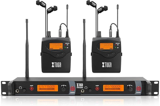 XTUGA RW2080 Wireless in Ear Monitor System Mono with 2 Bodypacks, Dual Channel Design IEM UHF System Stage Monitors Earphone 300Ft Range, 40 Frequencies for Band, Studio, Musicians, 902-928mhz
