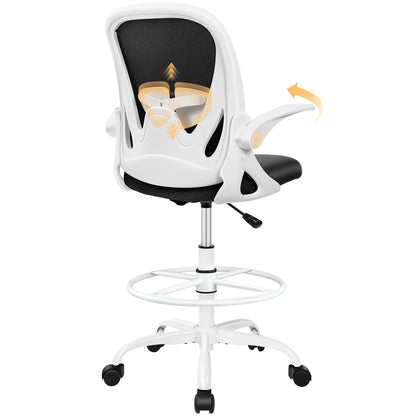 Drafting Chair Tall Office Chair with Flip-up Armrests, Adjustable Height, and Enhanced Lumbar Support - Ergonomic Rolling Stool, Back Support, and Adjustable Foot Rest Ring Light Blue