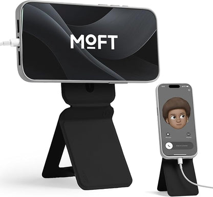 MOFT Phone Stand, Magnetic Phone Tripod Stand Stain-Resistant MOVAS Leather & Angle Adjustment & Strong Magnets Tripod for iPhone 16/15/14/13/12 (Included Metal Ring)-Jet Black
