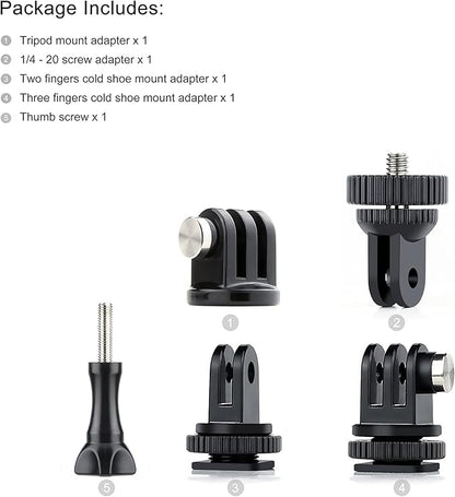 SOONSUN Tripod Mount Kit with 1/4"-20 Conversion Adapter and Cold Shoe Mount with 1/4" Thread, Compatible with GoPro Hero 13 12 11 10 9 8 7 6 5, DJI Osmo, AKASO, SJCAM, Insta360, DSLR Cameras