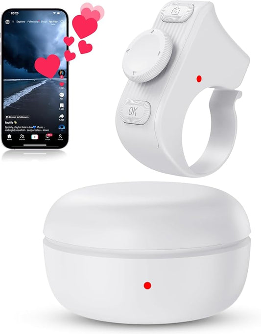 duskeep TikTok Scrolling Ring Remote Control, Camera Shutter Remote, Wireless Bluetooth Scrolling Ring for iPhone, iPad, iOS, Android - White