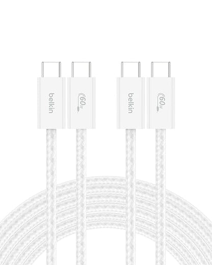 Belkin USB C to USB C Cable 2-Pack, 9.9ft, 60W - Type C Charger, iPhone Charger Cord, Soft, Braided, Flexible for iPhone 16, Galaxy S25, Pixel 9, Airpods, iPad Pro & More, Travel Essentials - White