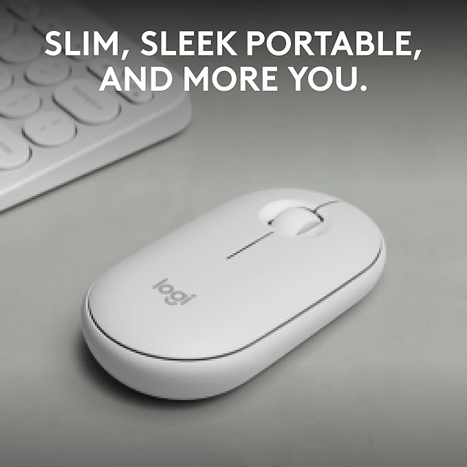 Logitech Pebble Mouse 2 M350s Slim Bluetooth Wireless Mouse, Portable, Lightweight, Customizable Button, Quiet Clicks, Easy-Switch for Windows, macOS, iPadOS, Android, Chrome OS - Tonal White