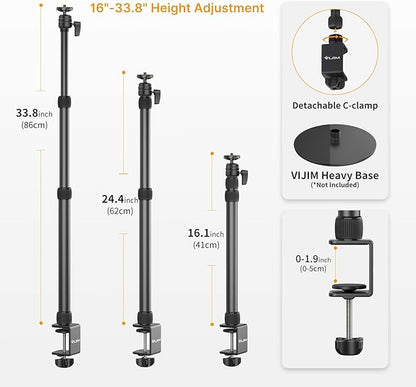 PICTRON LS11 Camera Mount Desk Stand with Auxiliary Holding Arm, Flexible Overhead Camera Webcam Table C-Clamp Multi Stand for Photography Videography Live Stream