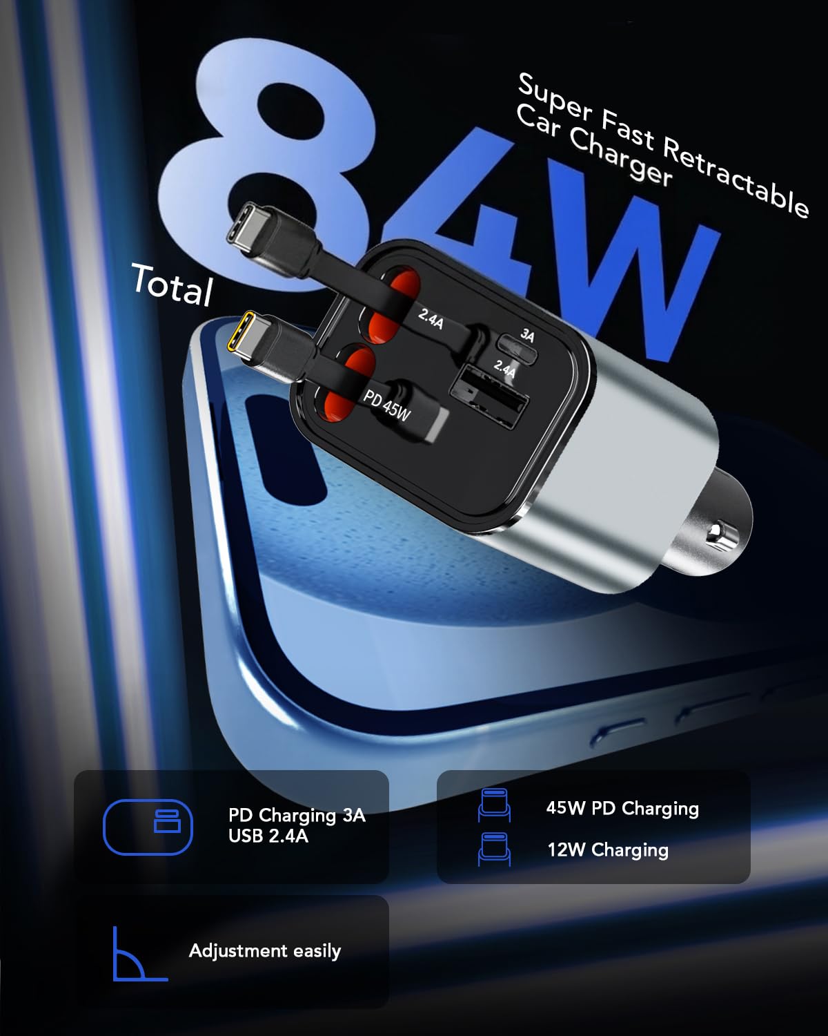 84W Retractable Car Charger,Car Phone Charger USB C Fast Charge for iPhone