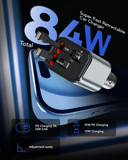 84W Retractable Car Charger,Car Phone Charger USB C Fast Charge for iPhone